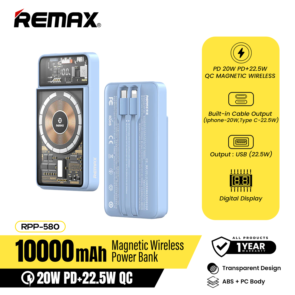 REMAX RPP-580 10000MAH WALKING PHANTOM 20W+22.5W CABLED MAGNETIC WIRELESS CHARGING POWER BANK-Blue