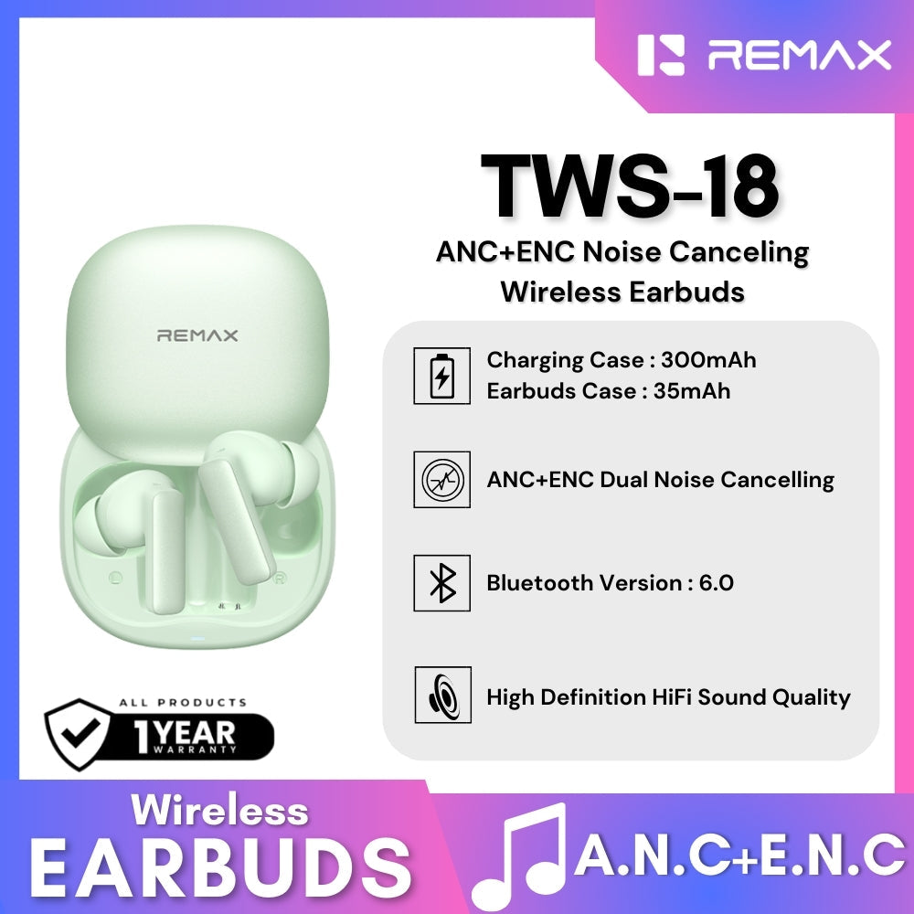REMAX - TWS-18 ANC+ENC Noise Canceling Bluetooth Wireless Earbuds - Green