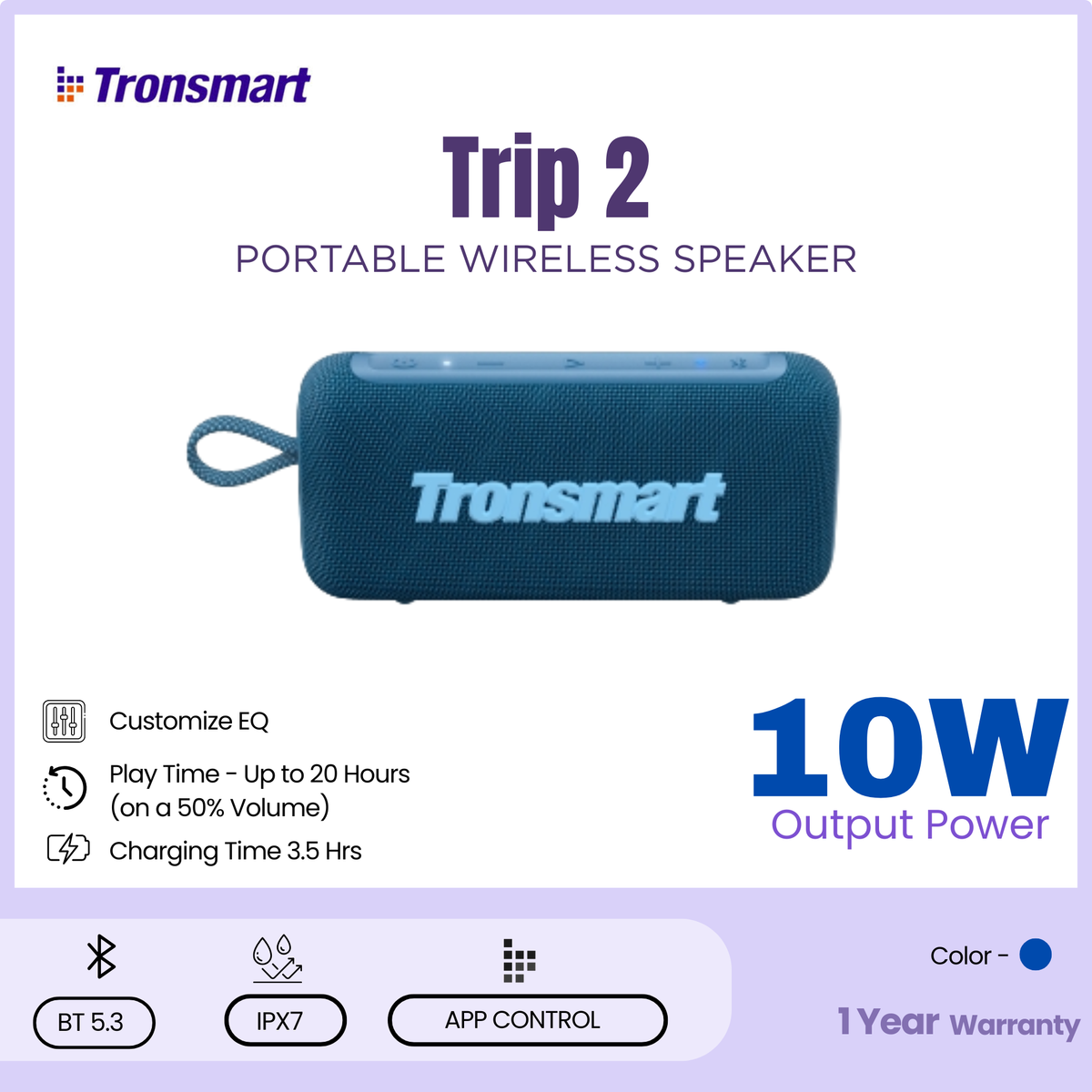 TRONSMART - Trip 2 10W Portable Bluetooth Wireless Outdoor Speaker - Blue