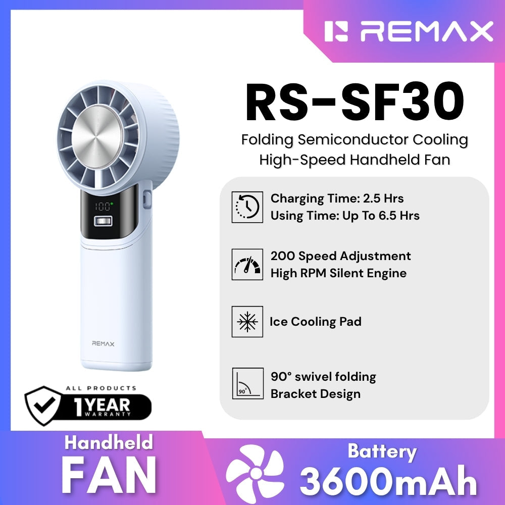REMAX - RS-SF30 Folding Semiconductor Cooling High-Speed Handheld Fan - Blue