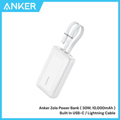 ANKER - ZOLO 10000mAh Built-In USB-C & Lighting Cable Power Bank ( 30W ) - White