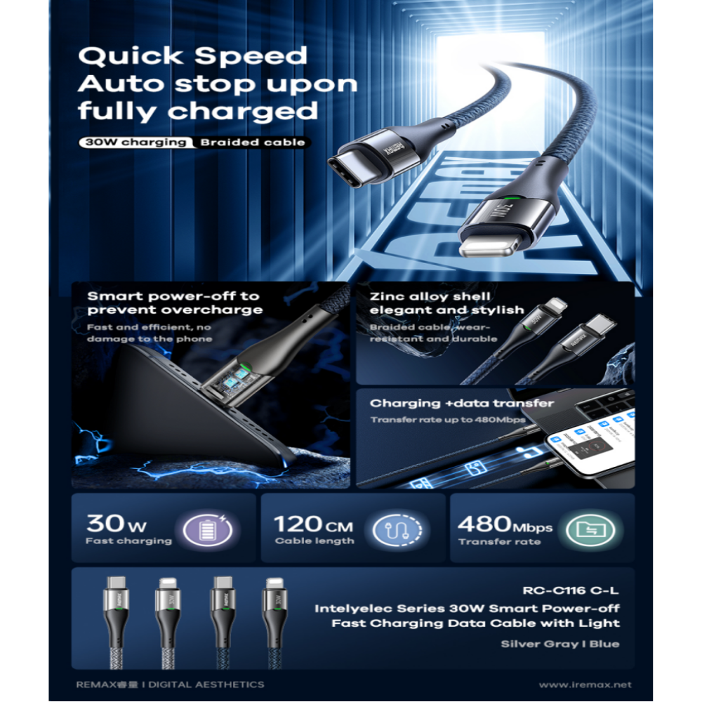 REMAX - RC-C116 C-L Intelyelec Series Type-C to Lightning Fast Charging Auto Power Off Charging Data Cable ( 30W ) - Blue