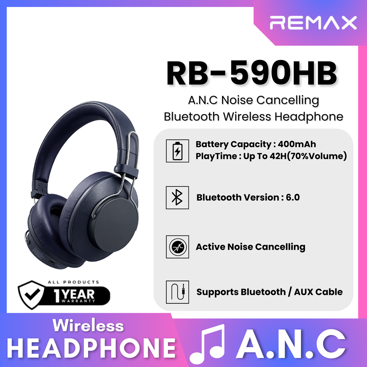 REMAX - RB-590HB ANC Noise Canceling Wireless Headphones - Blue