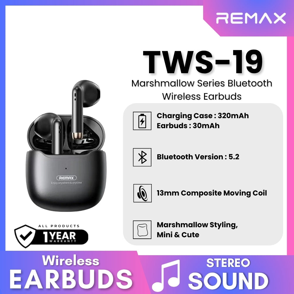 REMAX TWS-19 Marshmallow Series Wireless Bluetooth Earbuds - Black