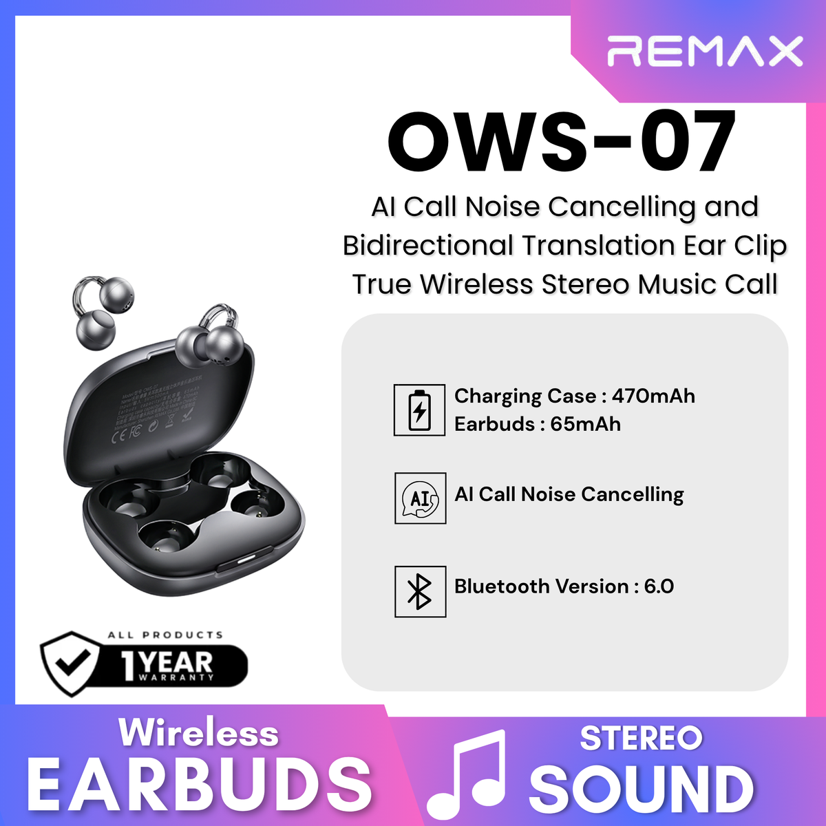 REMAX - OWS-07 Clip-on ear style true wireless stereo music call WIreless Earbuds - Tarnish