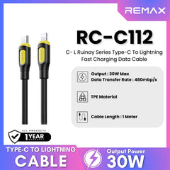 30W ( C to Lightning )-REMAX RC-C112 C-L Ruinay Series 30W Type-C to Lightning Fast Charging Data Cable - Black