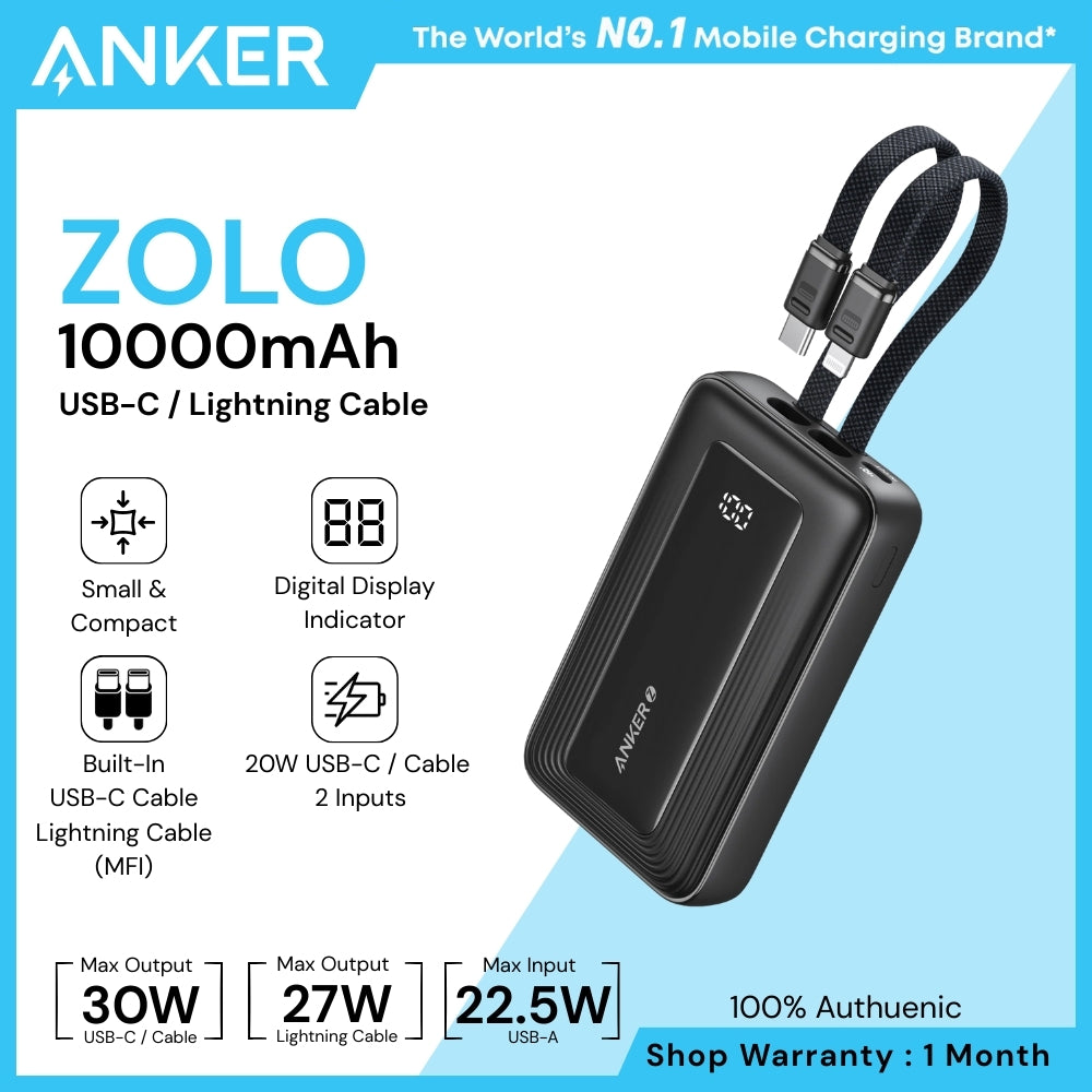 ANKER - ZOLO 10000mAh Built-In USB-C & Lighting Cable Power Bank ( 30W ) - Black