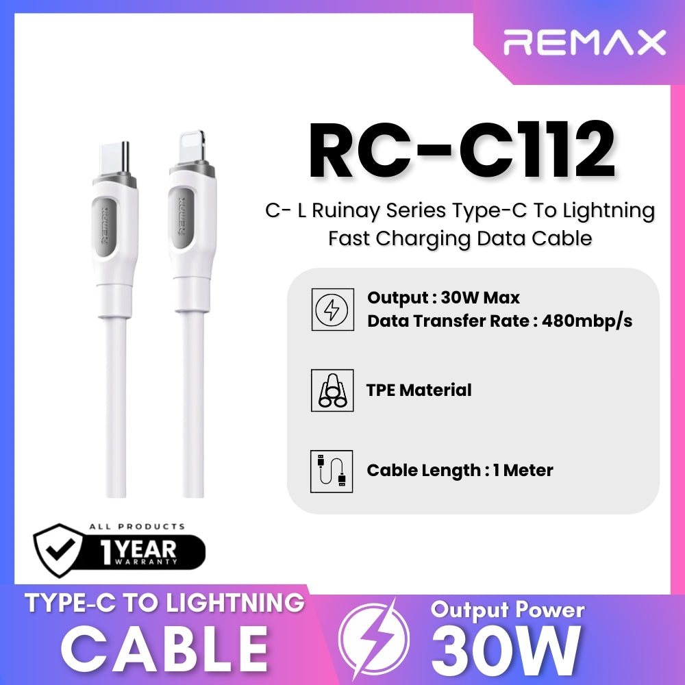 30W ( C to Lightning )-REMAX RC-C112 C-L Ruinay Series 30W Type-C to Lightning Fast Charging Data Cable - White
