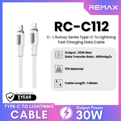 30W ( C to Lightning )-REMAX RC-C112 C-L Ruinay Series 30W Type-C to Lightning Fast Charging Data Cable - White