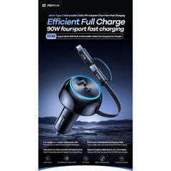 REMAX - CC10 Jaguar 90W Fast Car Charger with Retractable Cable - Black