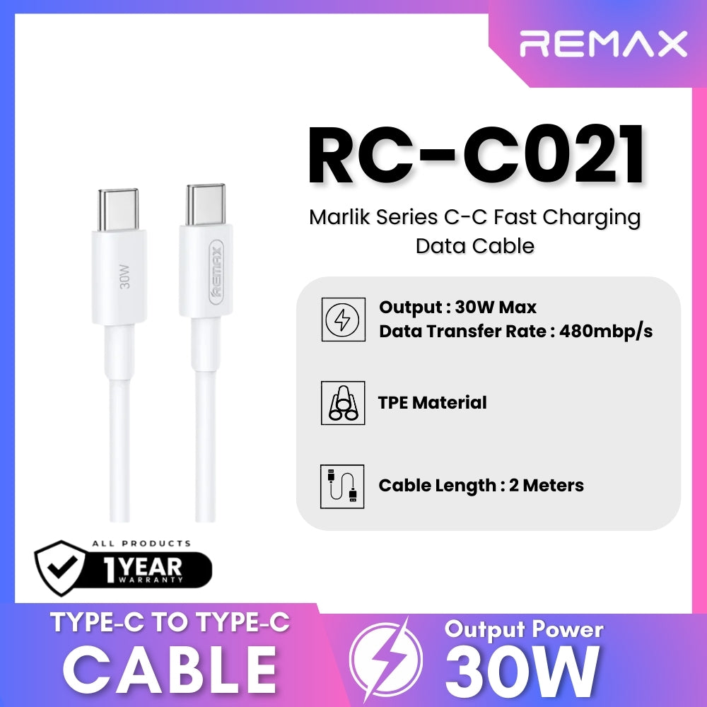 REMAX - RC-C021 Marlik Series Type-C to Type-C PD Fast Charging Data Cable ( 30W ) - White