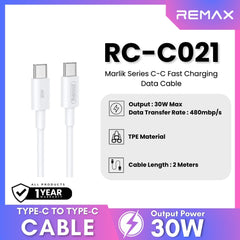 REMAX - RC-C021 Marlik Series Type-C to Type-C PD Fast Charging Data Cable ( 30W ) - White