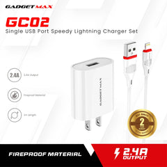 GADGET MAX GC02 IPH 2.4A SINGLE USB PORT SPEEDY IPHONE CHARGER SET (1USB)(2.4A)(1M)