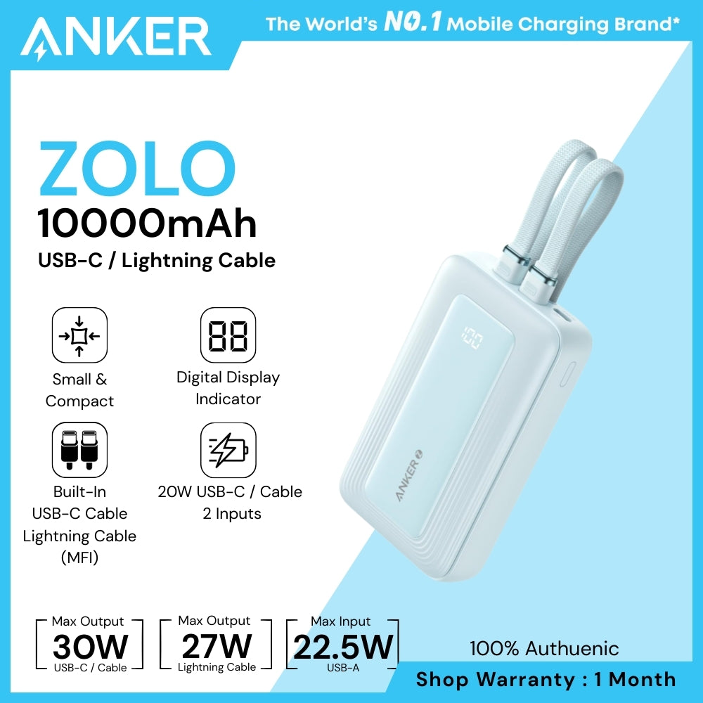 ANKER - ZOLO 10000mAh Built-In USB-C & Lighting Cable Power Bank ( 30W ) - Blue