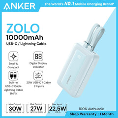 ANKER - ZOLO 10000mAh Built-In USB-C & Lighting Cable Power Bank ( 30W ) - Blue