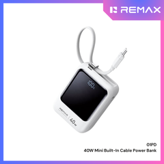 REMAX - 01PD 10000mAh 40W Mini Built-In-Cable Fast Charging Power Bank - White
