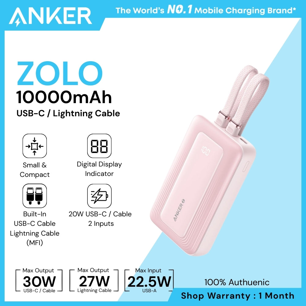 ANKER - ZOLO 10000mAh Built-In USB-C & Lighting Cable Power Bank ( 30W ) - Pink