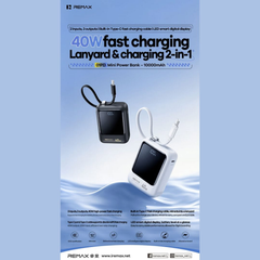 REMAX - 01PD 10000mAh 40W Mini Built-In-Cable Fast Charging Power Bank - White