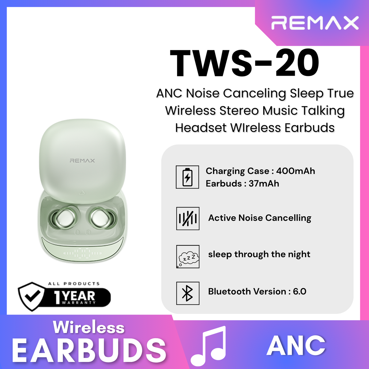 REMAX - TWS-20 ANC Noise Canceling Sleep True Wireless Stereo Music Talking Wireless Earbuds - Green