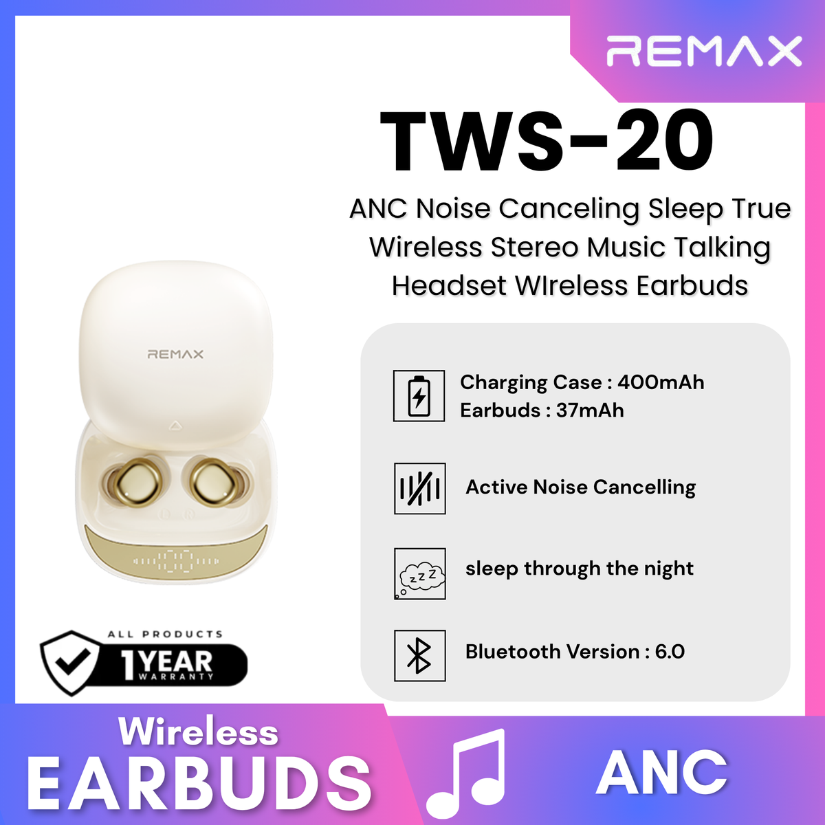 REMAX - TWS-20 ANC Noise Canceling Sleep True Wireless Stereo Music Talking Wireless Earbuds - Beige