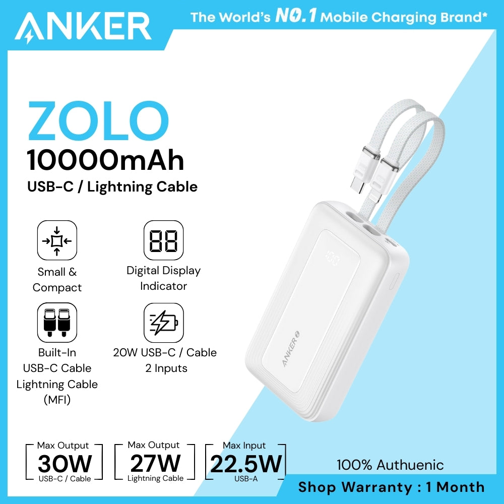 ANKER - ZOLO 10000mAh Built-In USB-C & Lighting Cable Power Bank ( 30W ) - White