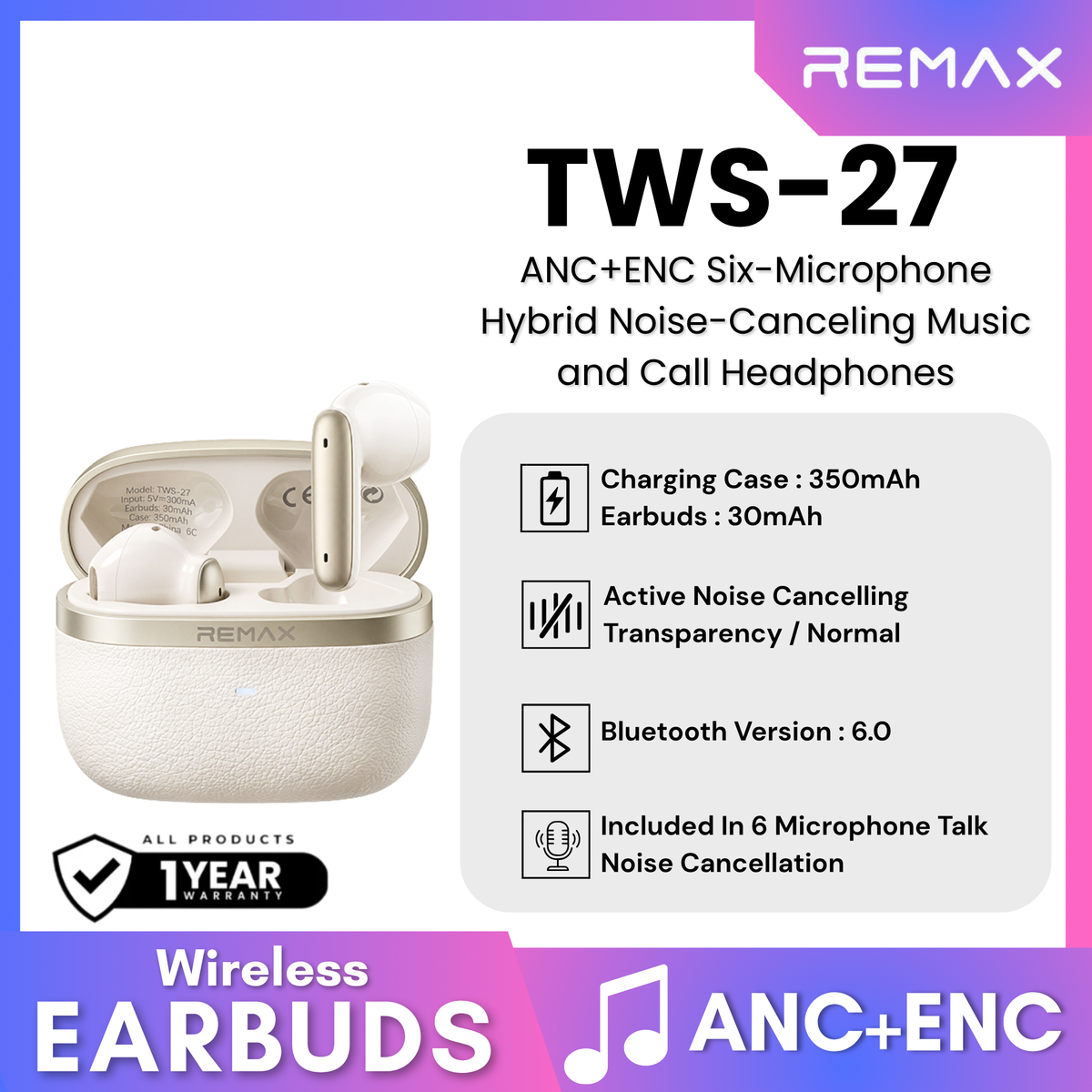 REMAX - TWS-27 ANC+ENC True Wireless Stereo Music Call Mixed Feedback Noise Canceling Wireless Earbuds - Beige