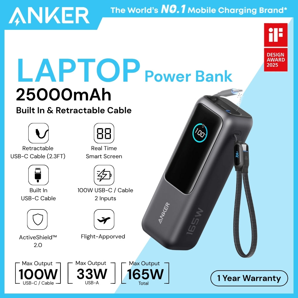 ANKER - Laptop 25000mAh Power Bank With Built-In &amp; Retractable Type-C Cable ( 165W ) - Black