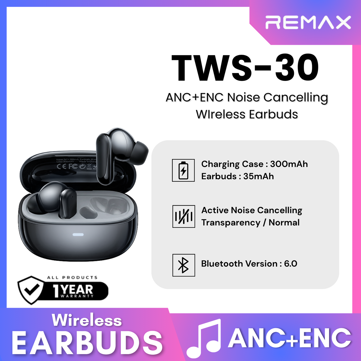 REMAX - TWS-30 ANC+ENC Noise Canceling True Wireless Stereo Music Talking Wireless Earbuds - Black