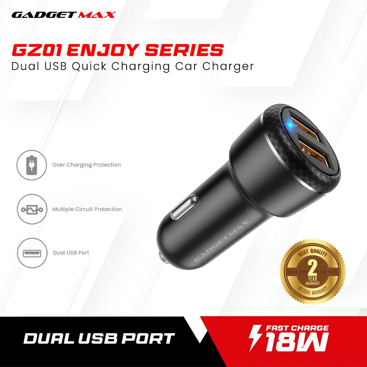 GADGET MAX GZ01 ENJOY SERIES 18W QC 3.0 DUAL PORT QUICK CHARGING CAR CHARGER (2USB)