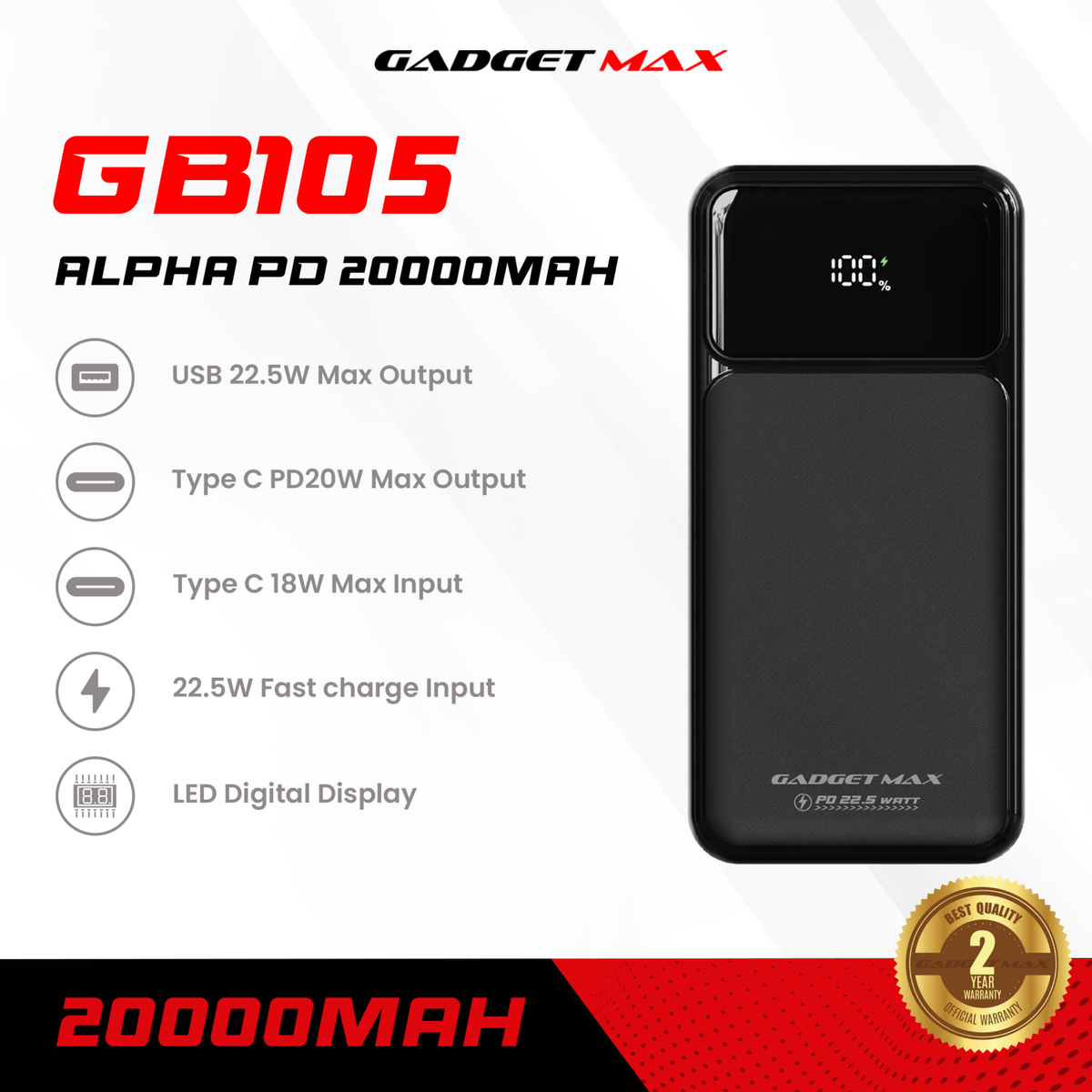 GADGET MAX - GB105 Alpha PD 20000mAh PD+QC Fast Charging Digital Power Bank ( 20W+22.5W ) - White