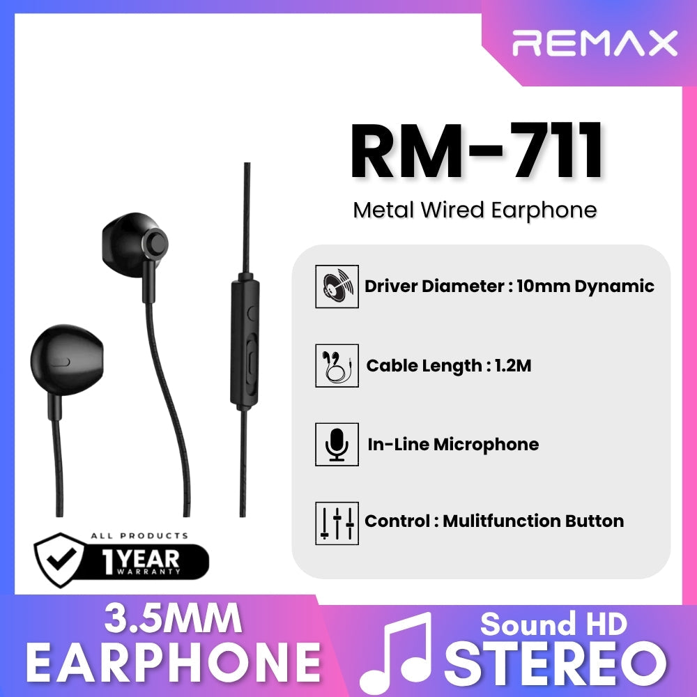 REMAX - RM-711 3.5mm Metal Wired Earphone - Black