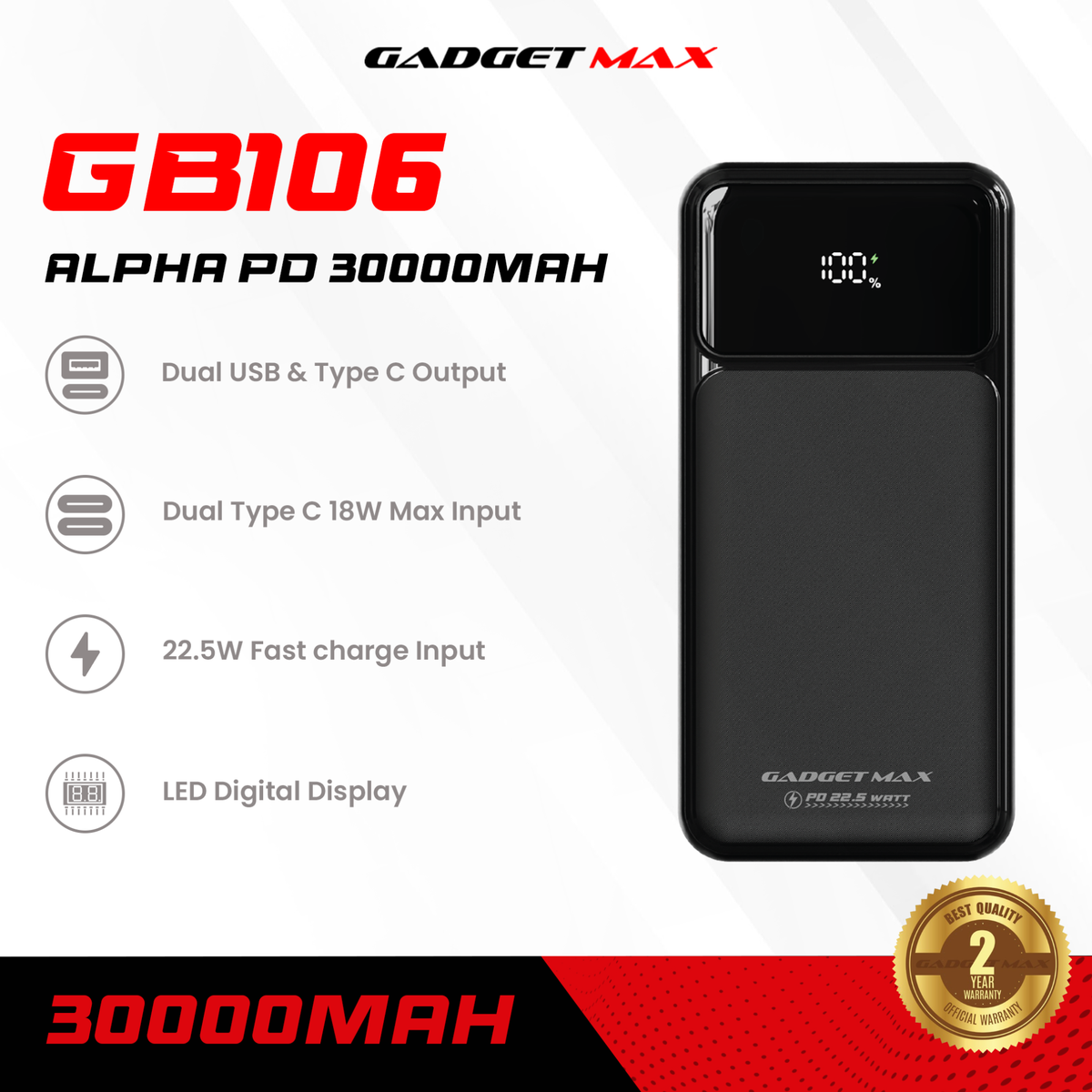 GADGET MAX - GB106 Alpha PD 30000mAh PD+QC Fast Charging Digital Power Bank ( 20W+22.5W ) - White