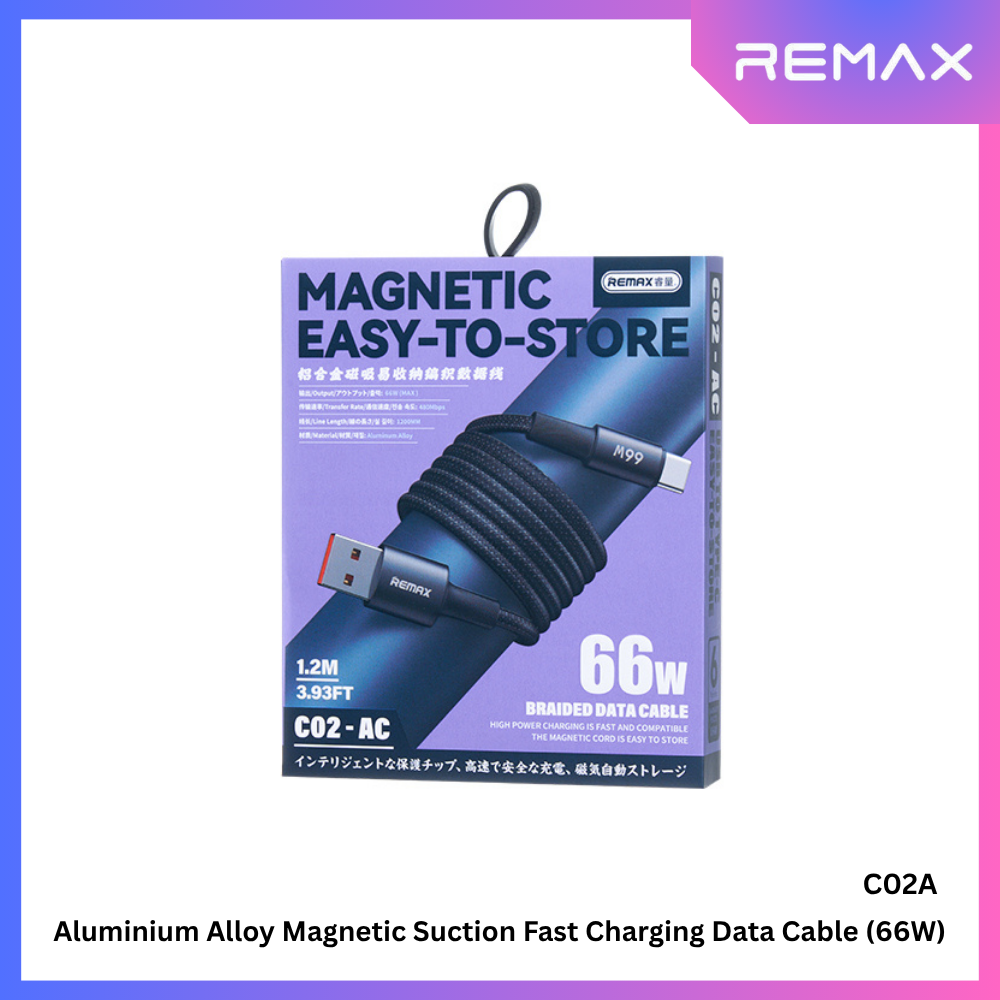 REMAX - C02A Magnetic Suction USB To Type-C Fast Charging Data Cable (66W) - Black