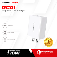 GADGET MAX GC01 18W SINGLE USB PORT QC 3.0 CHARGER (1USB)(3A)(WIDE VOLTAGE 100V-240V)