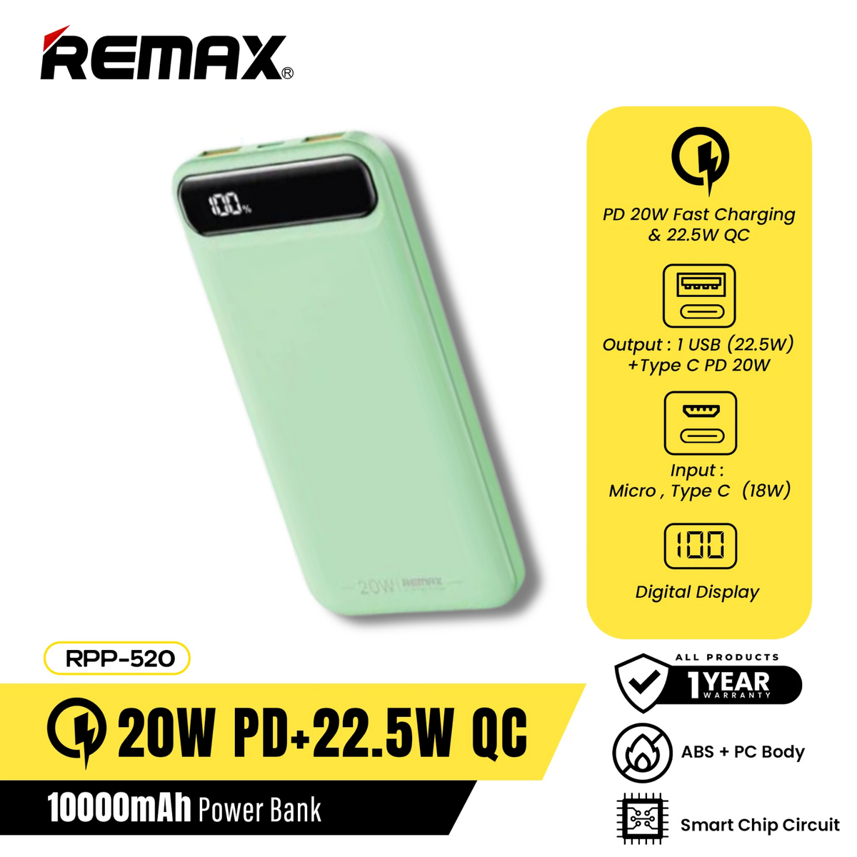 Remax RPP-520 10000mAh BOLE Series PD20W+QC22.5W Fast Charging Power Bank-Green