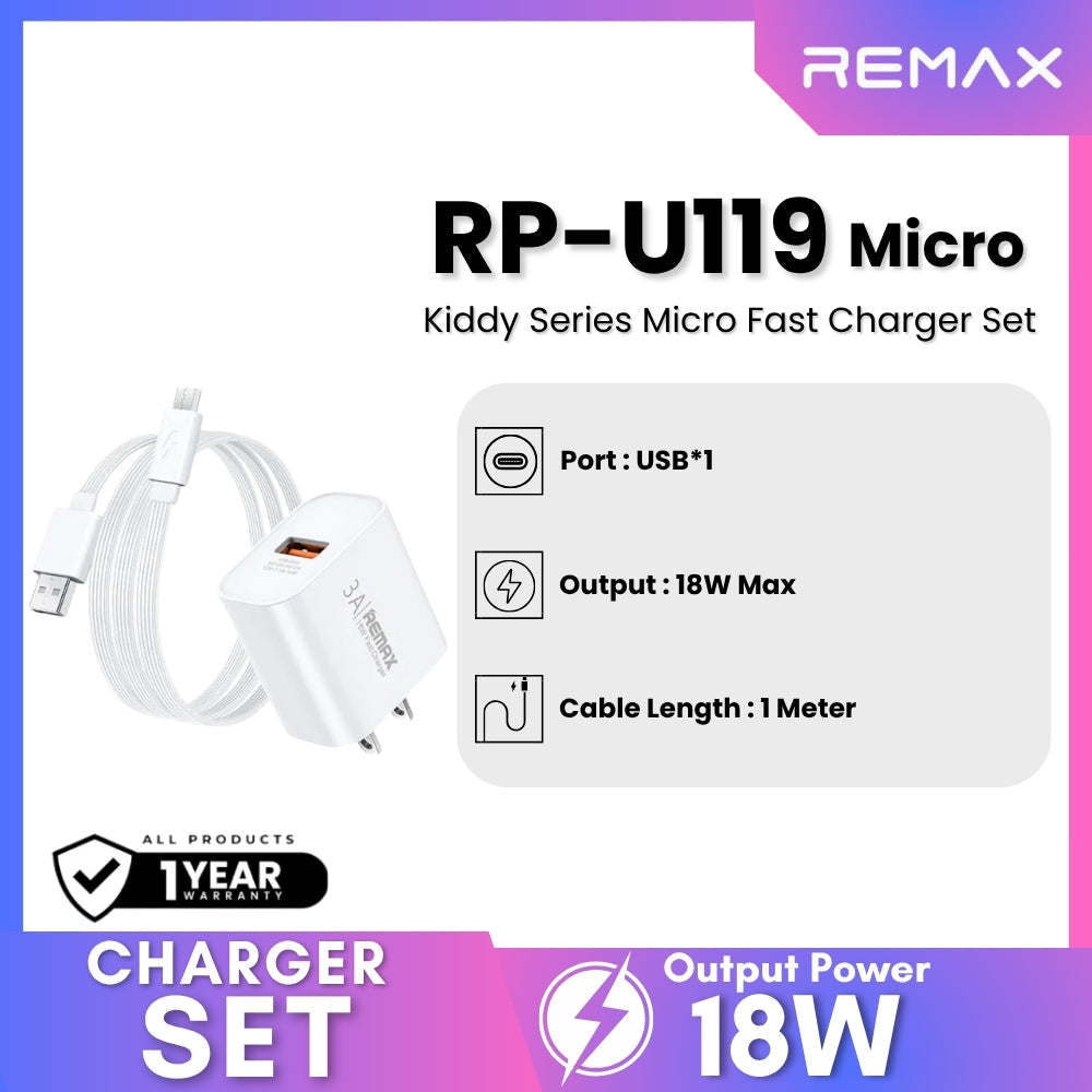 REMAX - RP-U119 Micro Kiddy Series Fast Charger Set (18W) - White