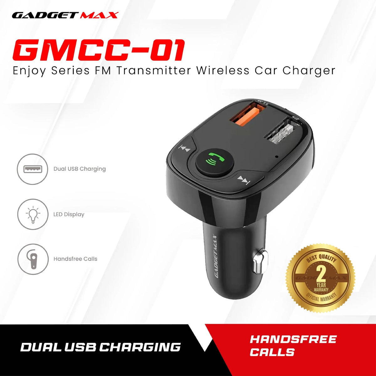 GADGET MAX GMCC-01 ENJOY SERIES FM TRANSMITTER WIRELESS CAR CHARGER (QC-3.0), Bluetooth Car Charger, Wireless Car Charger, FM Transmitter Car Charger