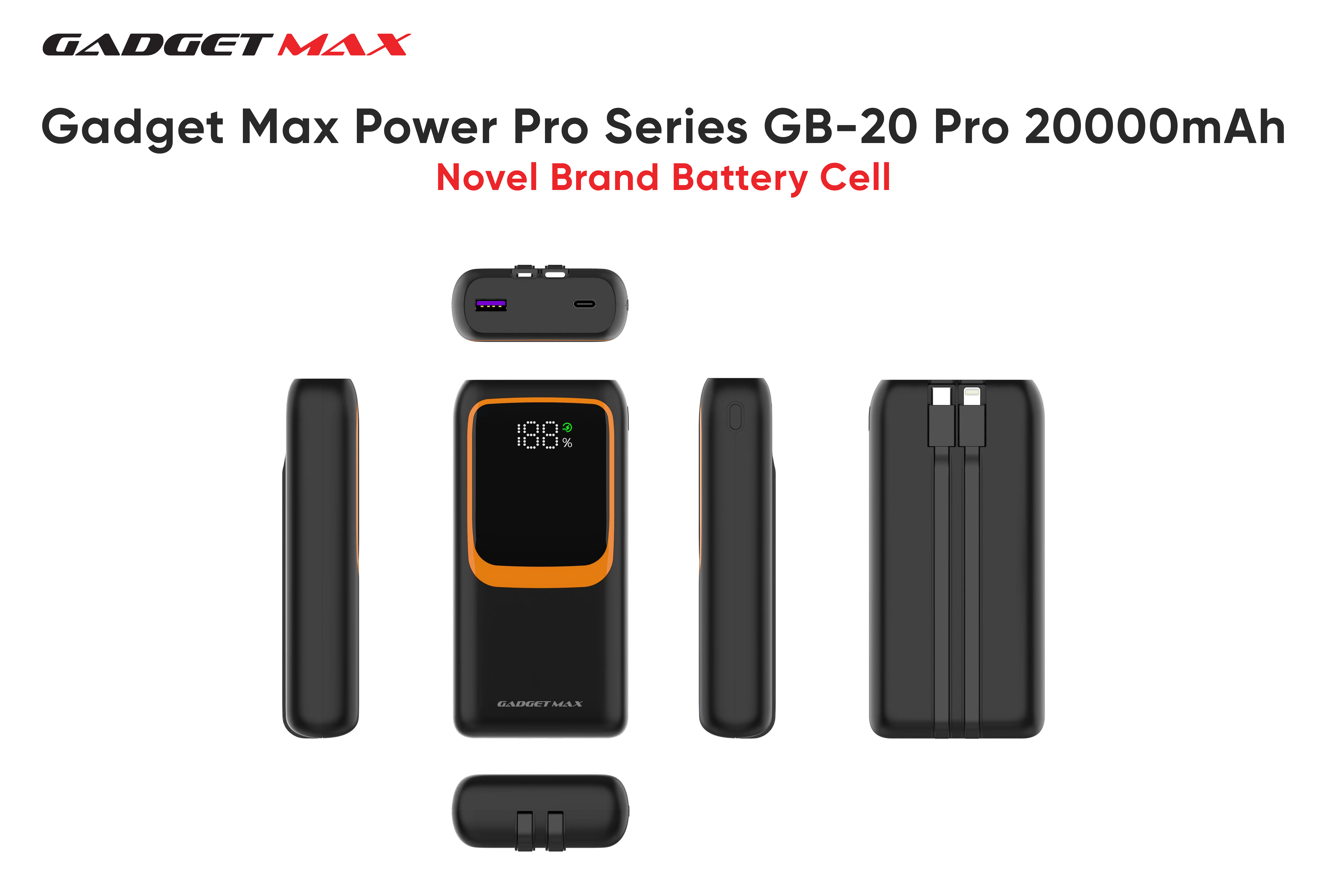 GADGET MAX GB-20PRO 20000MAH PD20W+ QC22.5W WITH CABLE FAST CHARGING POWER PRO DIGITAL DISPLAY POWER BANK (OUTPUT-4USB)(TYPE C-IN/OUT)(IPH-IN/OUT)