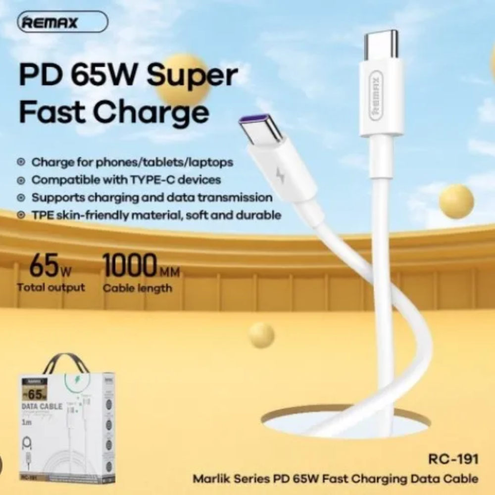 REMAX - RC-191 C-C Marlik Series Type-C to Type-C Fast Charging PD Charging Data Cable (65W) - White