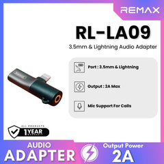 REMAX - RL-LA09 2.0A Lightning & 3.5mm Audio Jack Splitter - Black