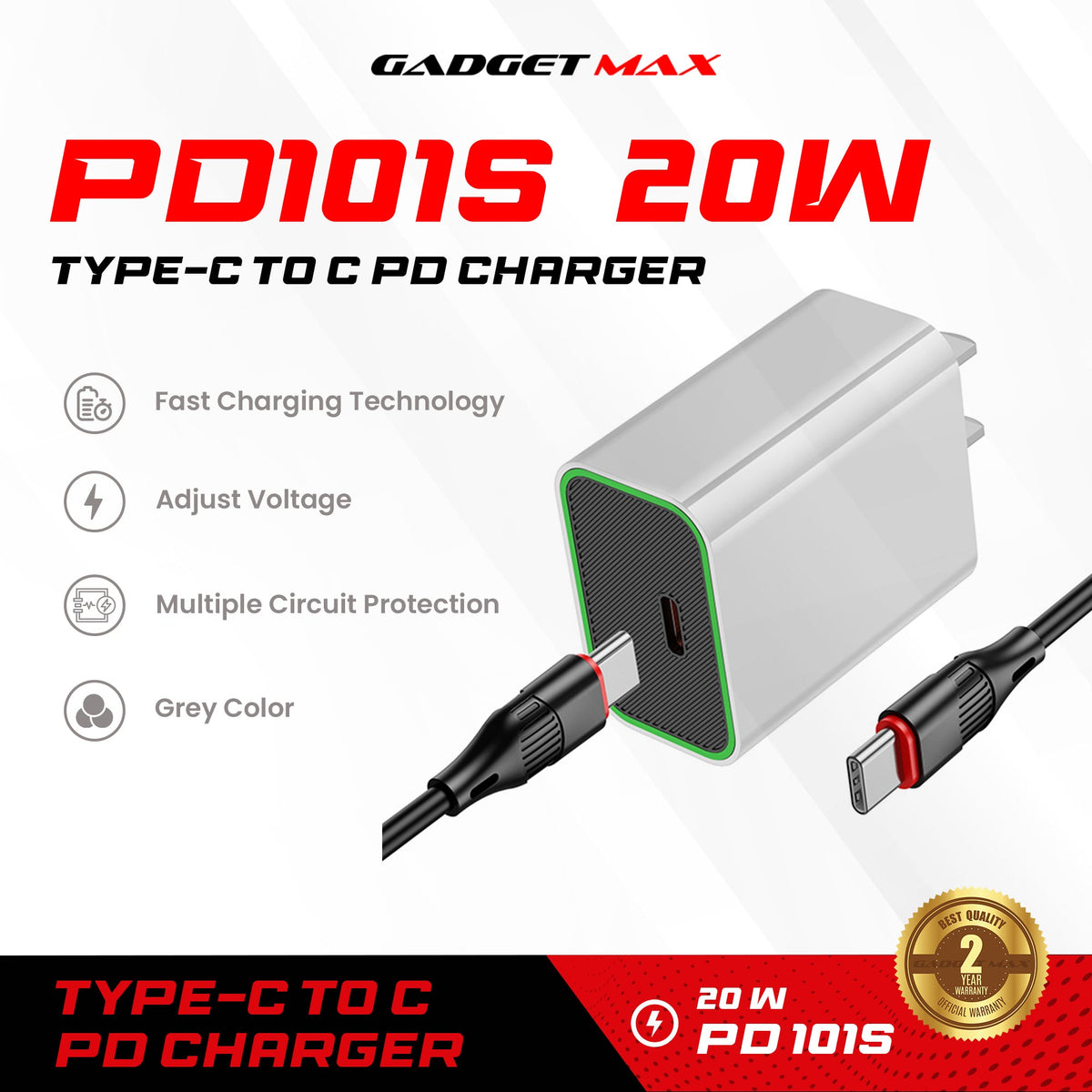GADGET MAX - PD101S 20W PD Type-C Charger Set - Grey