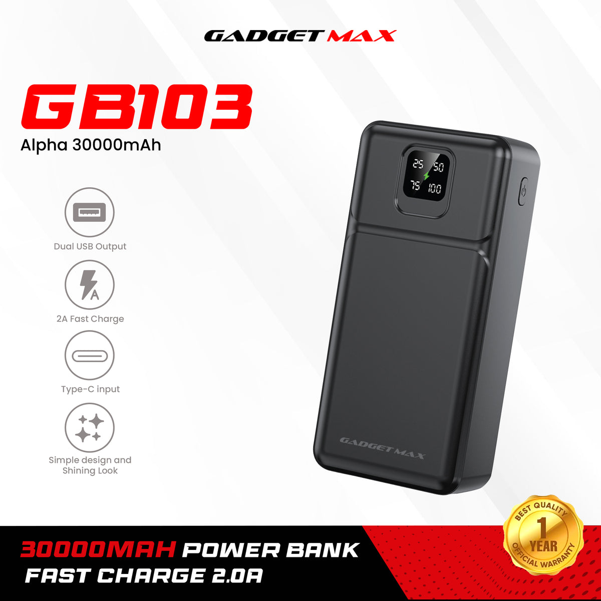 Gadget Max GB103 Alpha Series 30000mAh Power Bank - Black