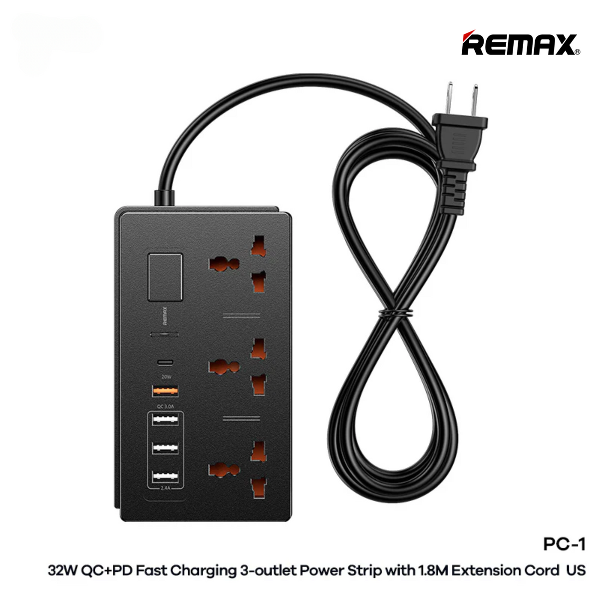 REMAX PC-1 32W PD+QC FAST CHARGING POWER STRIP 1.8M EXTENSION CORD WITH 5USB AND 3 OUTLETS