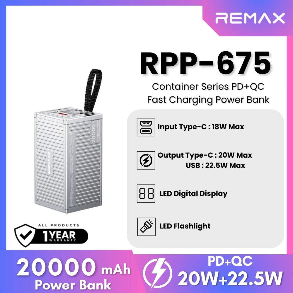 REMAX RPP-675 Container Series 20000mAh PD+QC Fast Charging Power Bank(PD 20W+QC 22.5W) - Silver