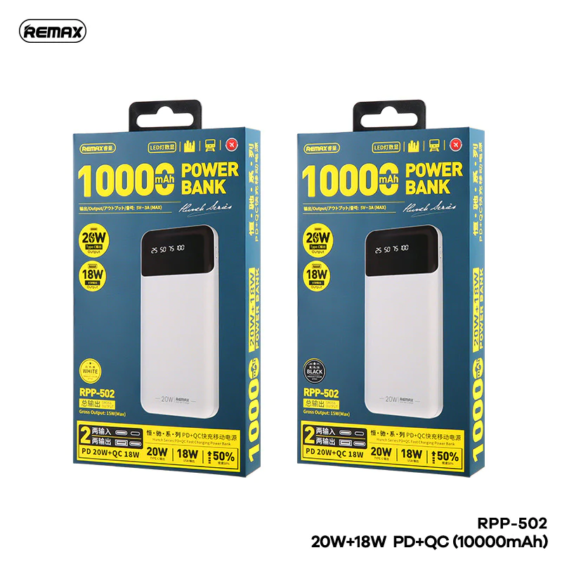REMAX RPP-502 (10000MAH) HUNCH SERIES PD 20W+QC 18W FAST CHARGING POWER BANK RPP-502 (10000MAH)-Black
