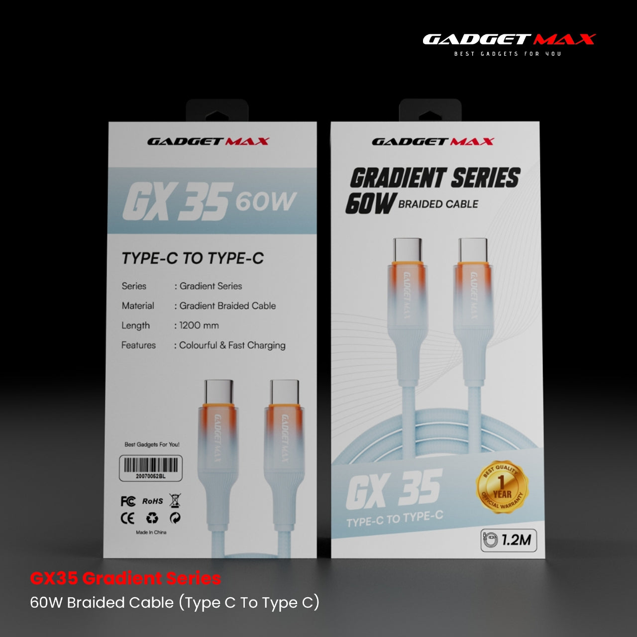 Gadget Max - GX35 C-C Gradient Series PD Fast Charging Data Cable (60W) - Blue