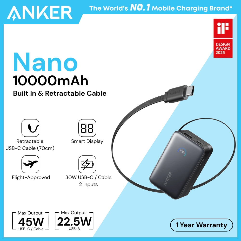ANKER - Nano 10000mAh 45W Fast Charging Power Bank With USB-C Retractable Cable - Black