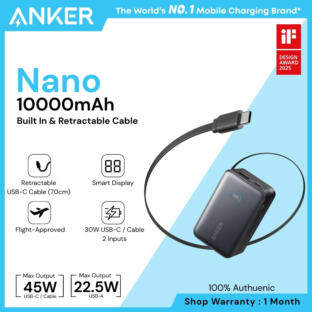 ANKER - Nano 10000mAh 45W Fast Charging Power Bank With USB-C Retractable Cable - Black