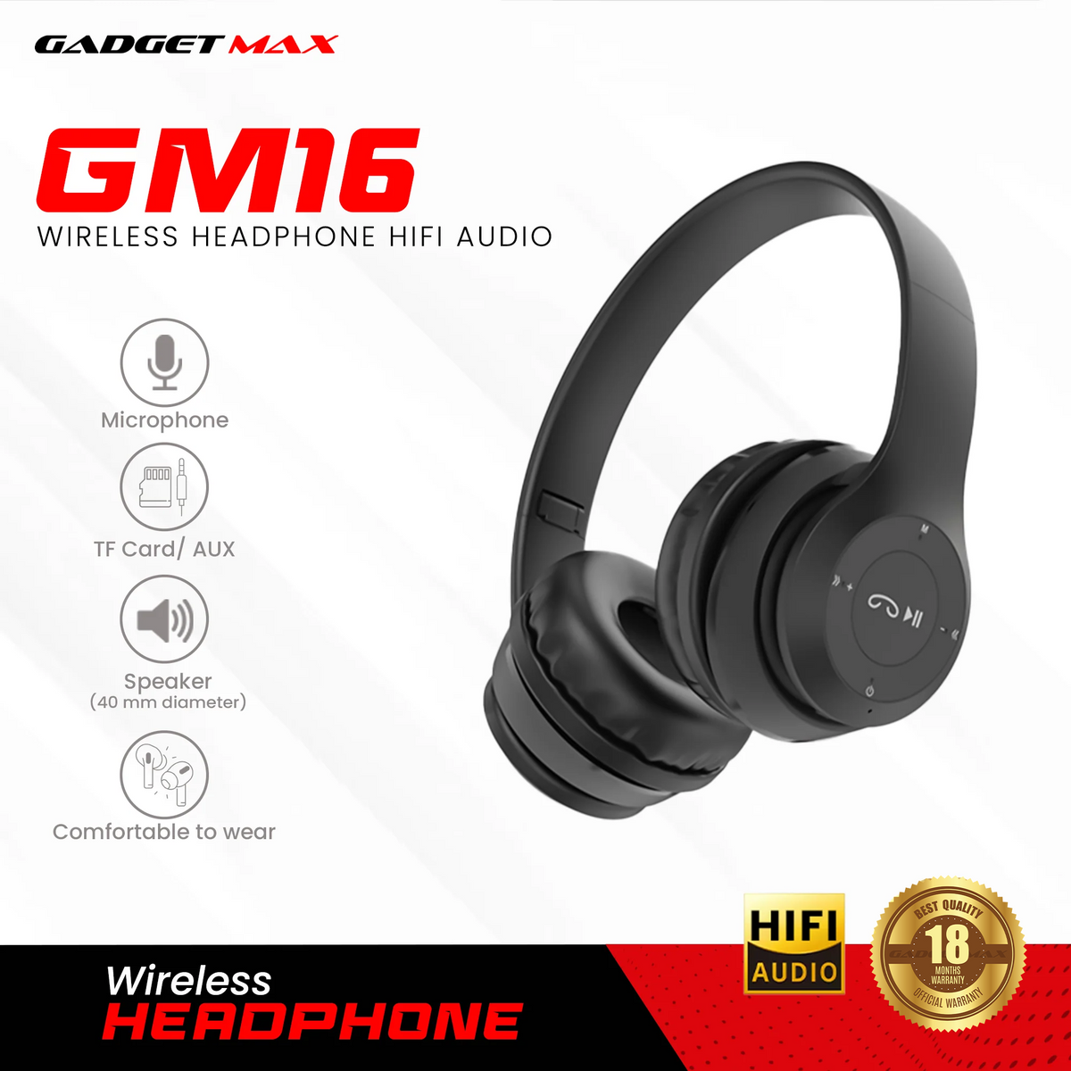 GADGET MAX -  GM16 Hifi Audio Bluetooth Wireless Headphone - Black