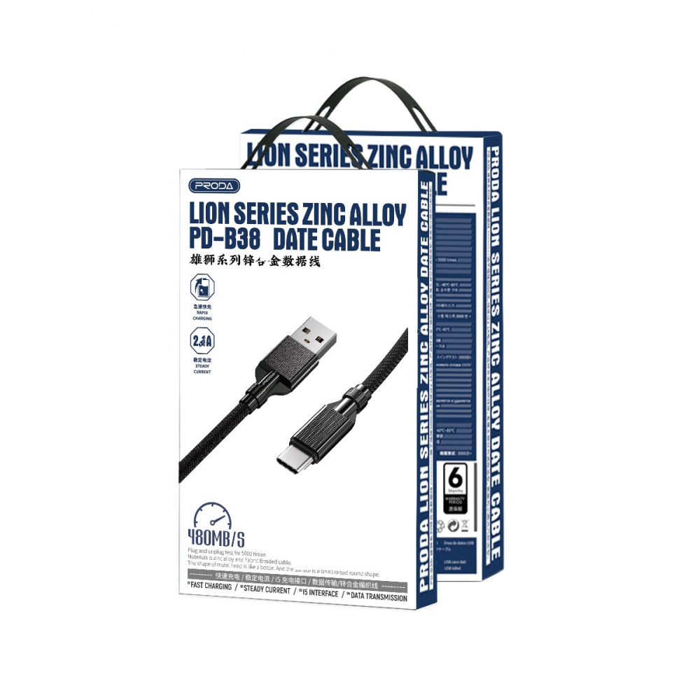 PRODA (PD-B38A) LION SERIES ZINC ALLOY DATA CABLE FOR TYPE-C (2.1A)- Tarnish